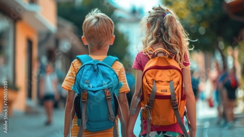 Two children walking down a street each carrying a colorful backpack with blurred figures in the background suggesting a bustling urban environment.