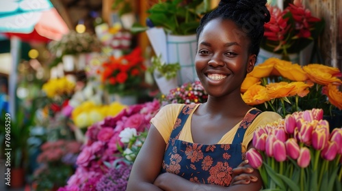 A cheerful woman in a floral apron stands amidst a vibrant display of colorful flowers at a market stall.