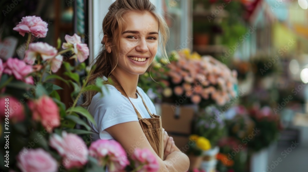 Young woman in apron smiling standing in front of a flower shop with a variety of colorful flowers. Young woman in apron smiling standing in front of a flower shop with a variety of colorful flowers.