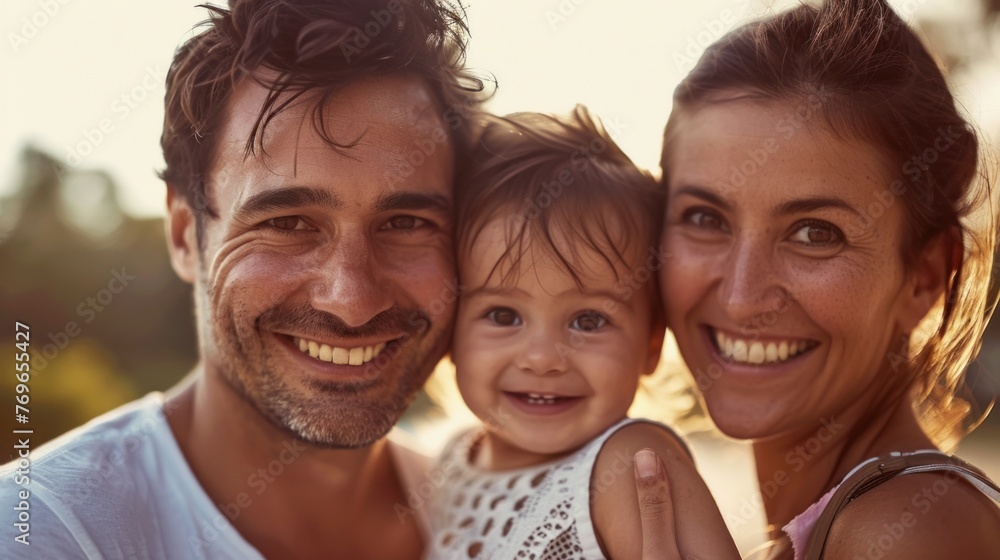 A joyful family moment captured with a blurred natural background featuring a smiling couple and their adorable baby all sharing a warm embrace. A joyful family moment captured with a blurred natural background featuring a smiling couple and their adorable baby all sharing a warm embrace.