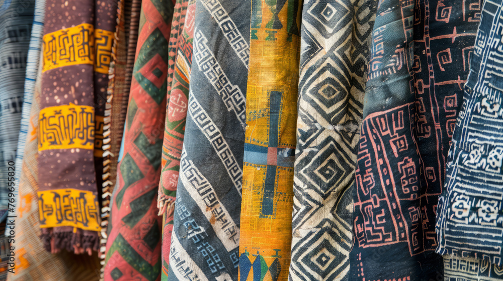 A selection of vibrant African fabrics with various tribal patterns and motifs, showcasing cultural artistry A selection of vibrant African fabrics with various tribal patterns and motifs, showcasing cultural artistry