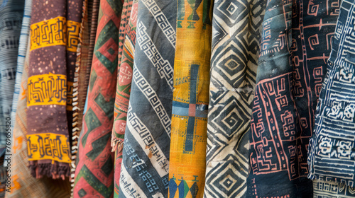 A selection of vibrant African fabrics with various tribal patterns and motifs, showcasing cultural artistry