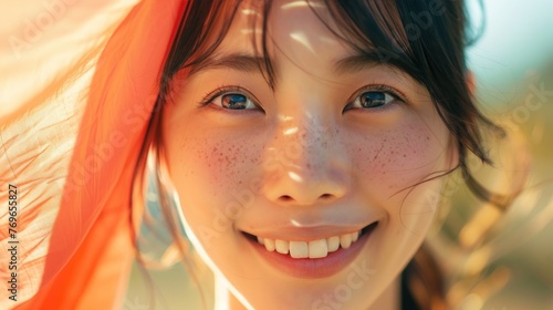 A close-up of a smiling woman with freckles wearing a red scarf and with sunlight filtering through her hair creating a warm and radiant effect.