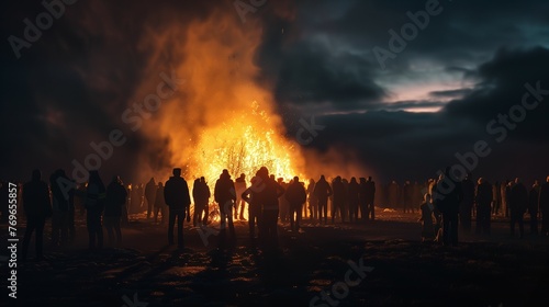 Valborg bonfire celebration in Sweden. Silhouettes of people standing around a bonfire. © stefanholm