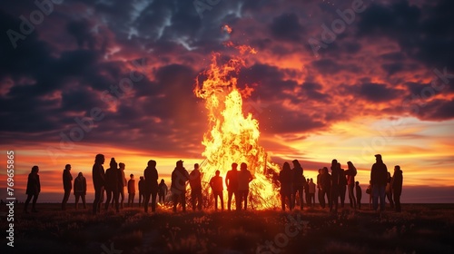 Valborg bonfire celebration in Sweden. Silhouettes of people standing around a bonfire. © stefanholm