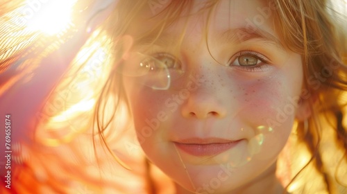 The image captures a young girl with a radiant smile her eyes sparkling with joy set against a backdrop of warm sunlit hair.