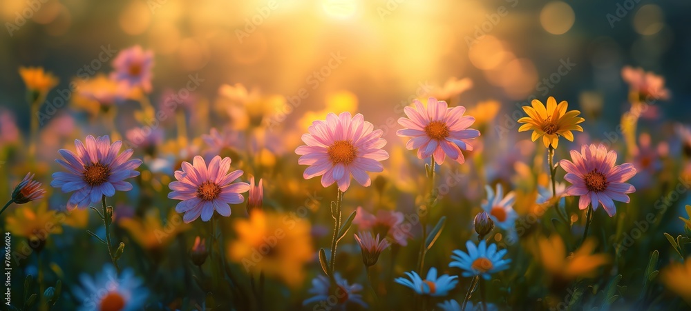 cheerful spring flower blossoming meadow with sunlight, daisy flower field, Generative Ai cheerful spring flower blossoming meadow with sunlight, daisy flower field, Generative Ai