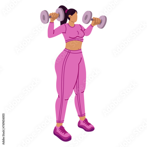 A full-bodied girl does sports with dumbbells. The girl is engaged in sports. Dynamic exercises. She does fitness in a tight purple tracksuit. Sports with exercise equipment. Women's training