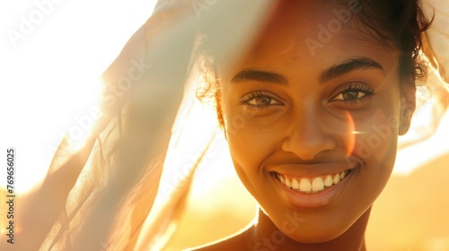 Smiling woman with radiant skin sunlit eyes and a soft warm glow possibly on a sunny day.