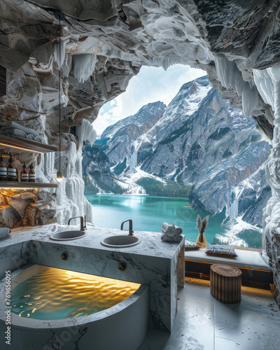 Bathroom iceege  in a cave with a view on the mountains.