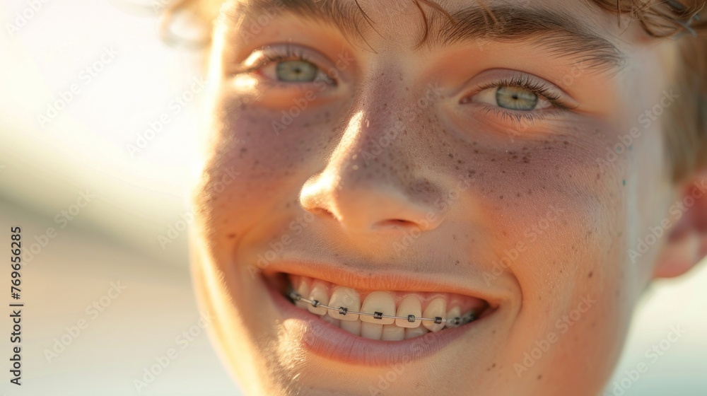 A young person with freckles blue eyes and a smile showing braces set against a blurred background that suggests an outdoor setting with sunlight.