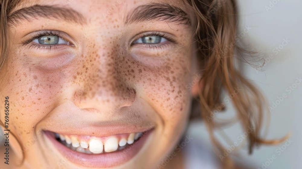 A close-up of a young person with freckles blue eyes and a bright smile. A close-up of a young person with freckles blue eyes and a bright smile.