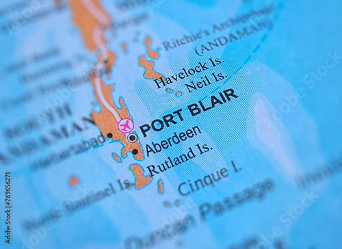 Port Blair on a map of India with blur effect. photo