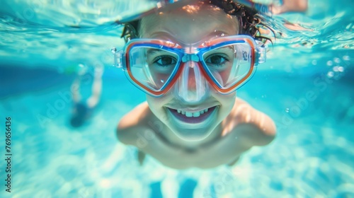 A joyful child underwater wearing red and blue goggles smiling broadly with their eyes wide open enjoying the swimming experience.