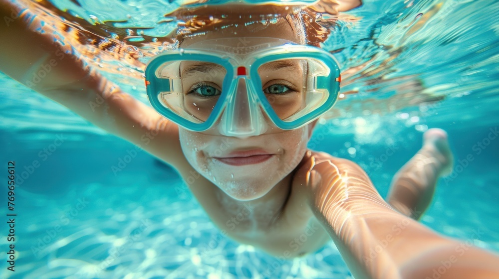 A young child wearing snorkeling gear smiling underwater with a clear blue pool visible around them.