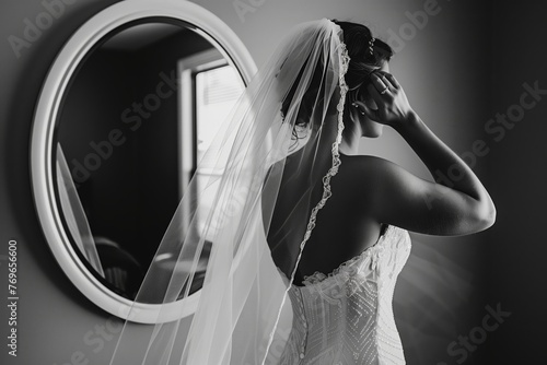 bride gazing into a fulllength mirror, adjusting veil photo