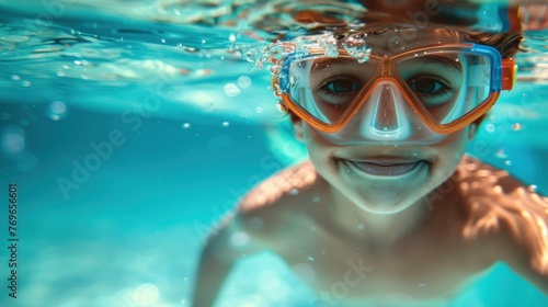 A young boy wearing orange goggles and smiling underwater surrounded by bubbles and blue water.