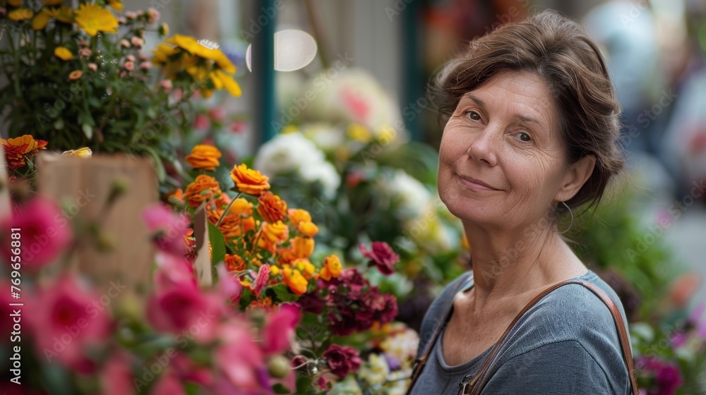 A woman with a warm smile standing amidst a vibrant array of colorful flowers exuding a sense of joy and connection with nature. A woman with a warm smile standing amidst a vibrant array of colorful flowers exuding a sense of joy and connection with nature.