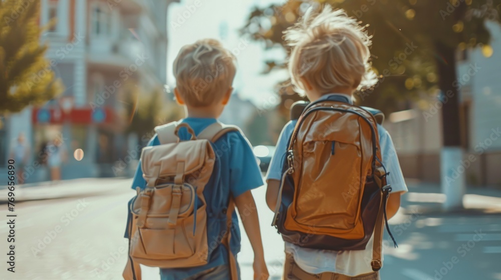 Two young boys with blonde hair wearing backpacks walking down a sunny city street.