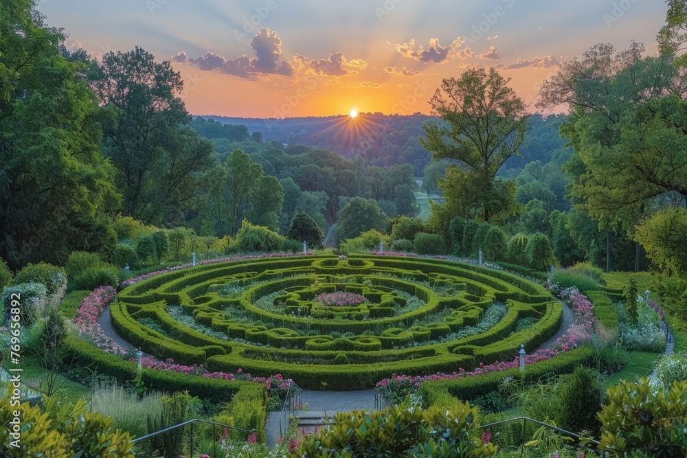 A sprawling garden featuring a mesmerizing circular design at its center, creating a captivating focal point amidst a lush green landscape A sprawling garden featuring a mesmerizing circular design at its center, creating a captivating focal point amidst a lush green landscape