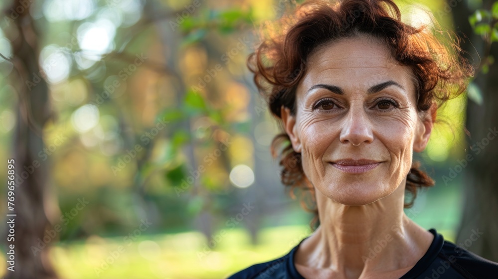 A woman with curly hair smiling standing in a park with blurred greenery in the background. A woman with curly hair smiling standing in a park with blurred greenery in the background.