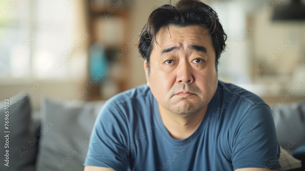 Asian man with a concerned expression sitting on a couch in a blurred indoor setting.