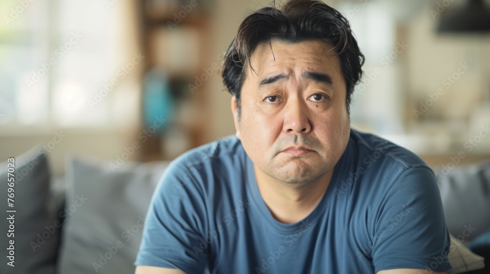 Asian man with a concerned expression sitting on a couch in a blurred indoor setting. Asian man with a concerned expression sitting on a couch in a blurred indoor setting.