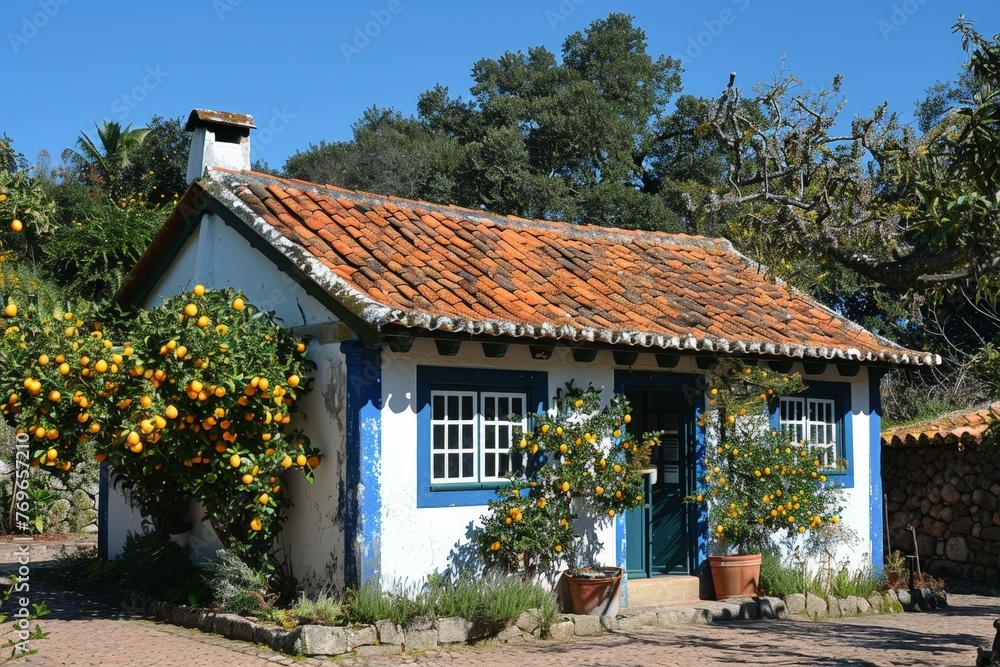 A whimsical small blue white house adorned with vibrant oranges on the roof, creating a magical and charming scene