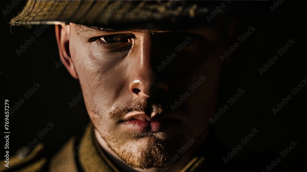 Close up portrait a british soldier with helmet in shadow view. AI generated image - obrazy, fototapety, plakaty 