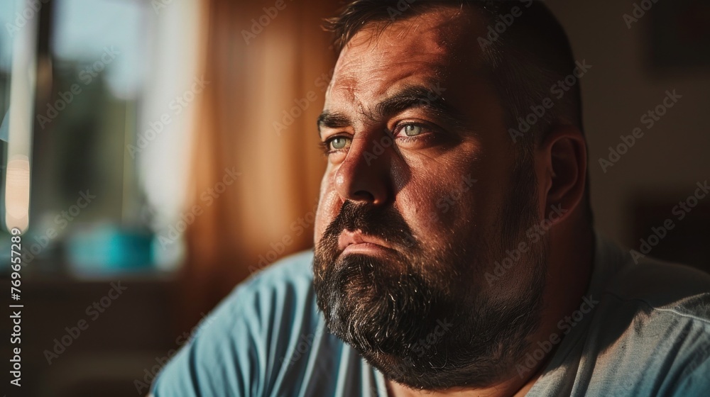 Man with beard and mustache deep in thought looking to the side with a serious expression in a dimly lit room.