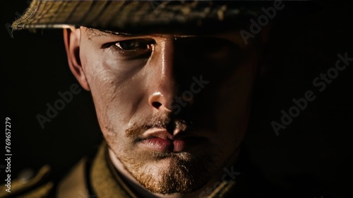 Close up portrait a british soldier with helmet in shadow view. AI generated image photo