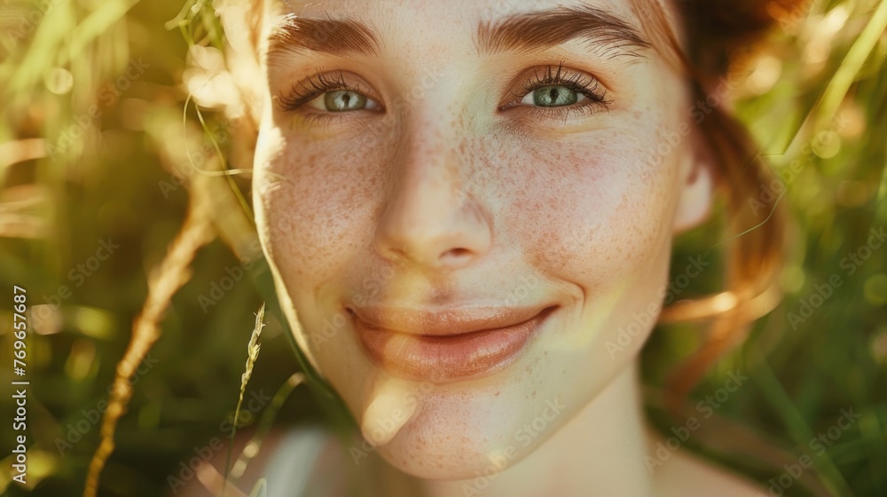 A close-up of a smiling woman with freckles green eyes and sunlit hair set against a blurred natural backdrop. A close-up of a smiling woman with freckles green eyes and sunlit hair set against a blurred natural backdrop.