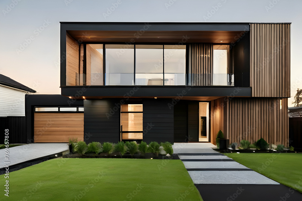 modern house with garden and windows  house, building, home, architecture, exterior, construction, door, window, residential, facade, sky, office, front, entrance, new, luxury, design,Ai generated 