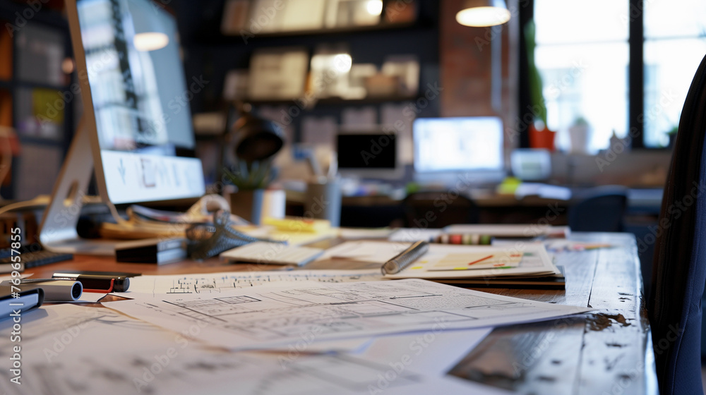 a design office with architectural plans. a design office with architectural plans.