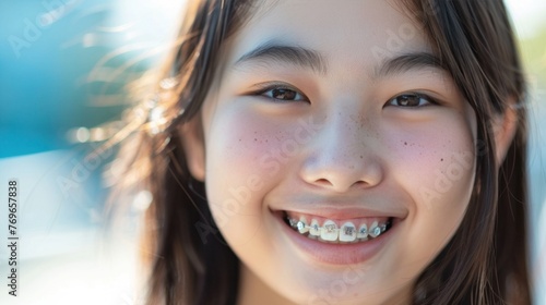 A young girl with a radiant smile showing her braces set against a blurred background.