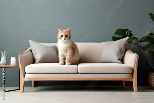 white cat on sofa sofa, interior, furniture, cat, couch, room, home, design, animal, leather, 3d, comfortable, wall, pet, house, decor, kitten, seat,Ai generated 