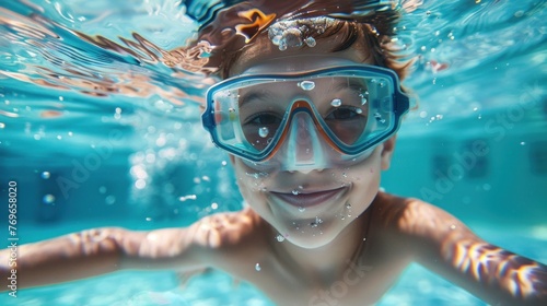 A young boy with a big smile wearing blue goggles swimming underwater in a pool.