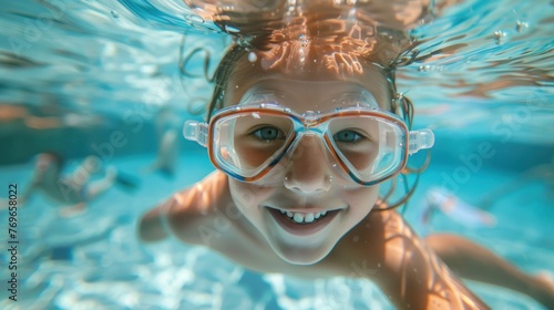 A joyful child wearing goggles and smiling underwater.