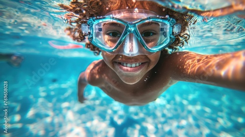 A joyful young person with curly hair wearing blue goggles smiling underwater with a sense of adventure and freedom.