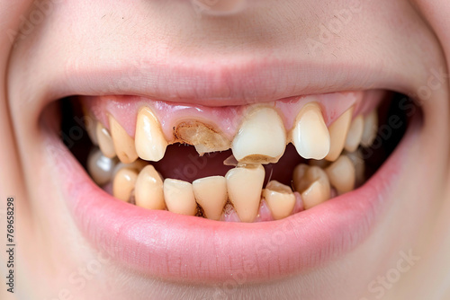 Bad teeth with caries, ugly smile with broken tooth. Dentist treatment