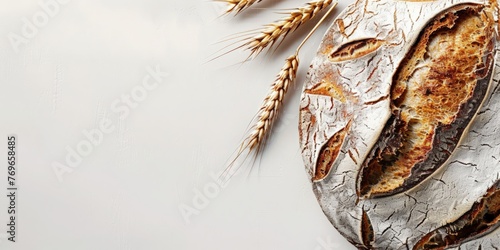 Crusty sourdough bread with wheat ears on a white background,free space for text