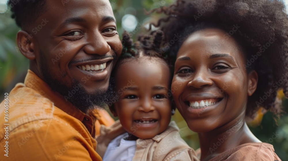 A joyful family moment captured with a smiling man a woman and a child all sharing a warm embrace and bright smiles set against a blurred natural backdrop. A joyful family moment captured with a smiling man a woman and a child all sharing a warm embrace and bright smiles set against a blurred natural backdrop.