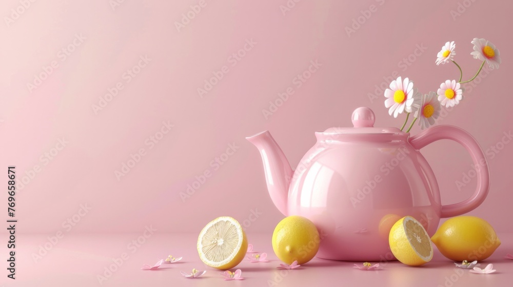 Modern pink kettle, cup and lime on wooden table in kitchen on pink background