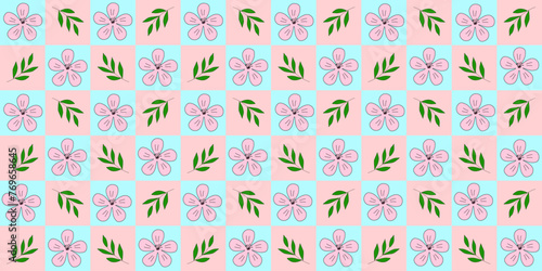 Seamless pattern, pink sakura cherry blossom flowers and branches, on checked pink and blue, vector
