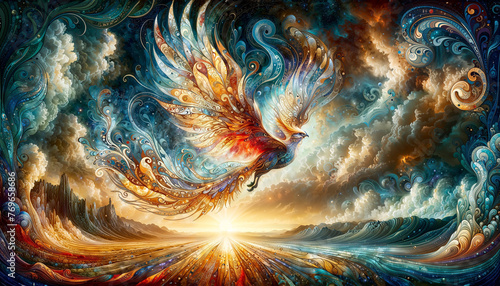 Majestic Phoenix Rising with Swirling Clouds at Ocean's Sunrise.