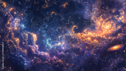 Interstellar Vistas with Swirling Galaxies and Nebulous Starfields.