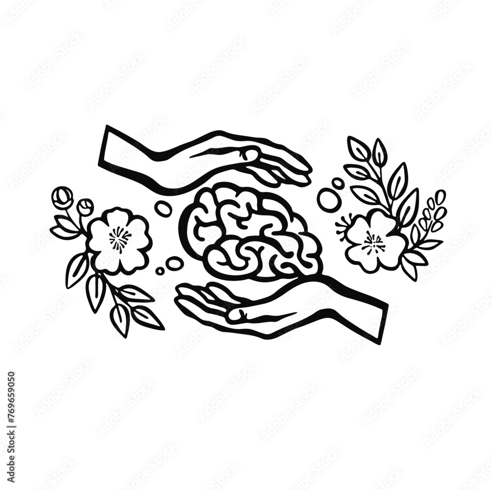 Mental health, hands carefully protect the brain outline vector