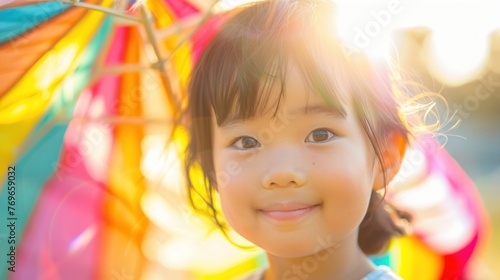 Young girl with a radiant smile standing in front of a vibrant multicolored kite with the sun's rays creating a warm glowing effect around her.