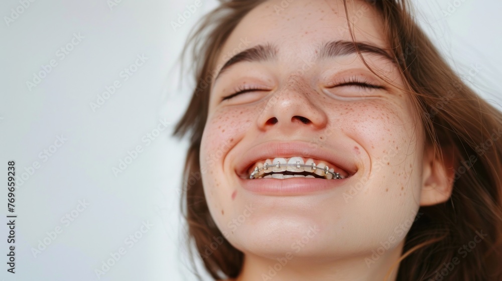 A young woman with a radiant smile her eyes closed in joy with freckles on her cheeks and wearing braces. A young woman with a radiant smile her eyes closed in joy with freckles on her cheeks and wearing braces.