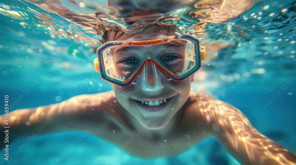 A young boy with a joyful expression wearing snorkeling gear submerged in clear blue water.